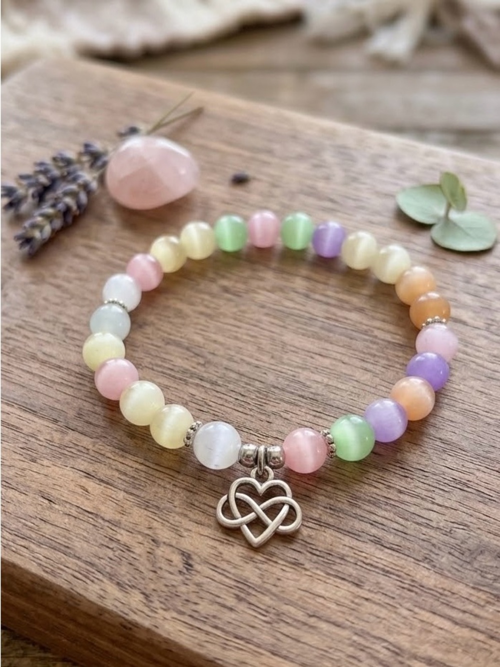 Pastel Multicolor Beaded Bracelet with Heart Knot Charm